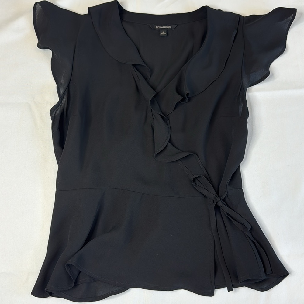 Sheer Black Ruffled Flutter Sleeve Blouse
